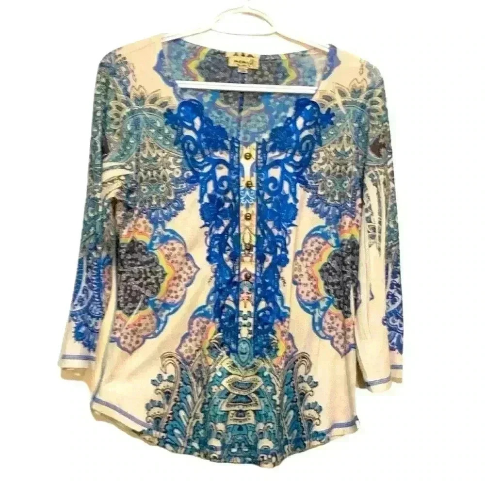 One World 3/4 Sleeve Tee Shirt w Stiff Embroidery Affixed, soft and stretchy